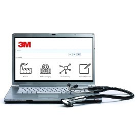 Um portátil mostra a página inicial do localizador de ifu da 3M e um estetoscópio Littmann ao lado