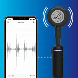 Estetoscópio 3M™ Littmann CORE Digital ligado ao software Eko no telemóvel.