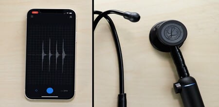 grande plano do estetoscópio digital Littmann CORE a sincronizar com a aplicação móvel EKO
