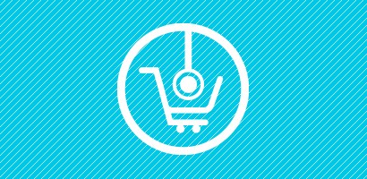 Estetoscópio e ícone de carrinho de compras em branco sobre um fundo turquesa.
