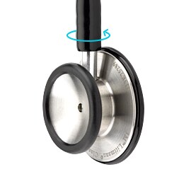 Auscultador de um Estetoscópio 3M Littmann Classic III com uma seta turquesa a indicar a rotação do auscultador.