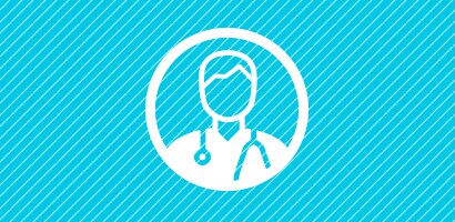 Ícone circular branco de um médico com um estetoscópio Littmann sobre um fundo turquesa.

