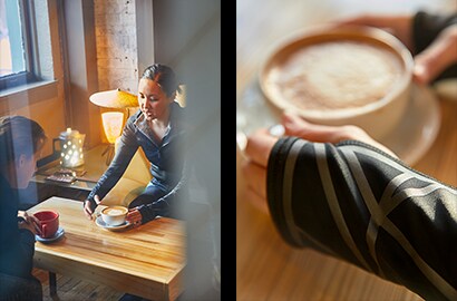 Homem e mulher a tomar café, grande plano do 3M™ Scotchlite™ C790 Refletor Elástico Carbon Black na manga da mulher com o café.
