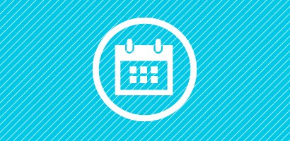 Ícone circular branco de um calendário sobre um fundo turquesa.
