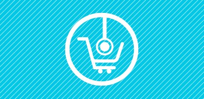 Estetoscópio e ícone de carrinho de compras em branco sobre um fundo turquesa.
